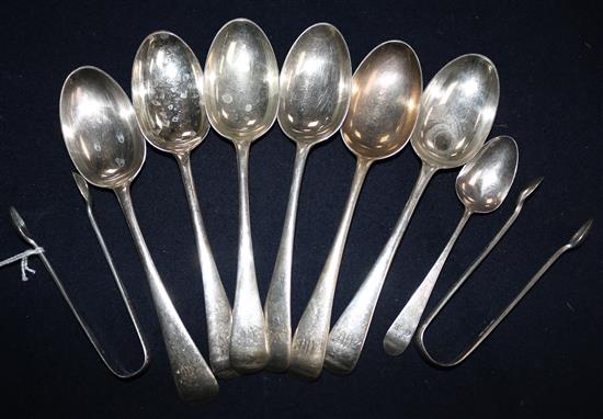 A quantity of silver spoons, tongs etc.